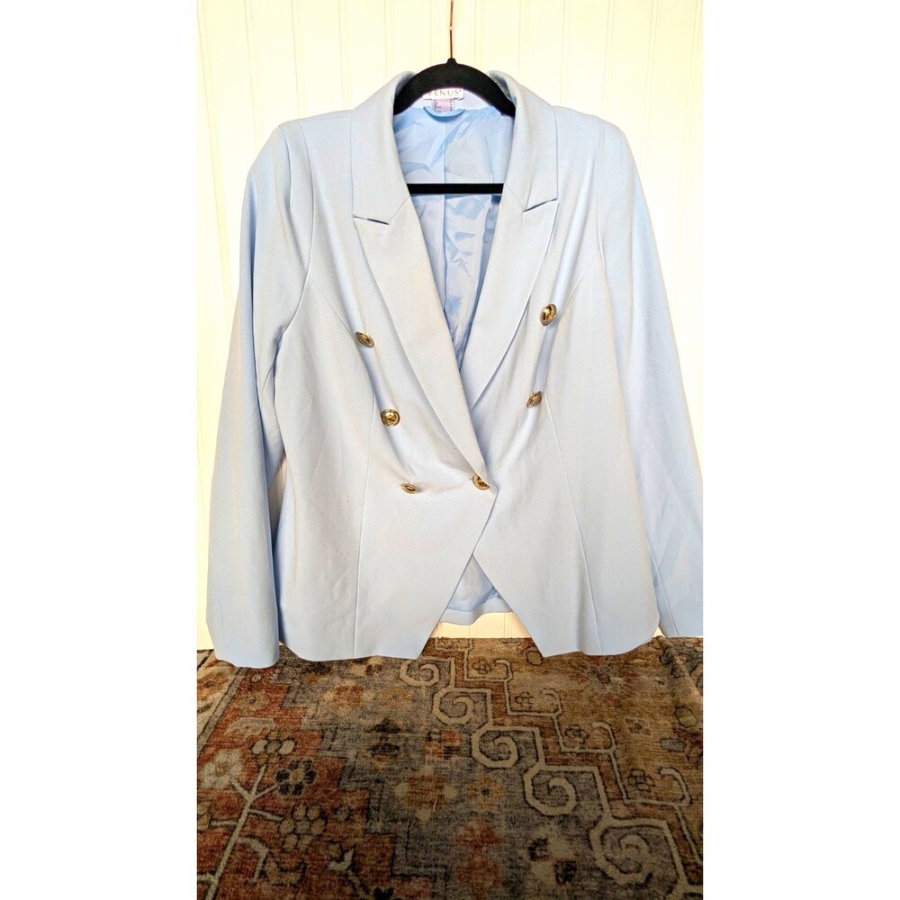VENUS Womens Blazer 12 Blue Double Breasted Lined Notch Lapel Long Sleeve
